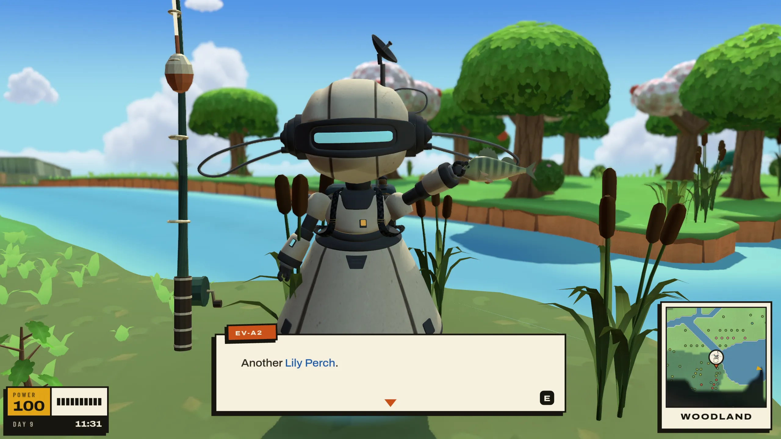 EV-A2 holds a fish she caught, with water behind her.