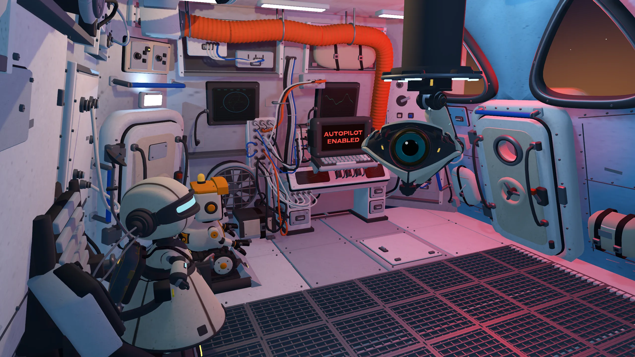 The two robots together in the rocket cabin.