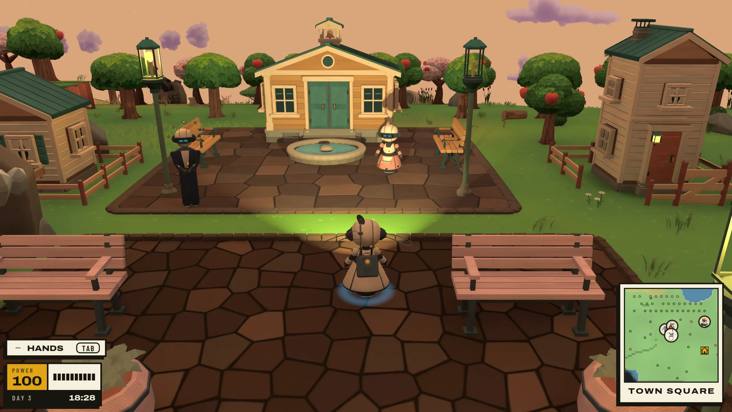Lit lamps and caretakers around a paved square among Meadow homes.