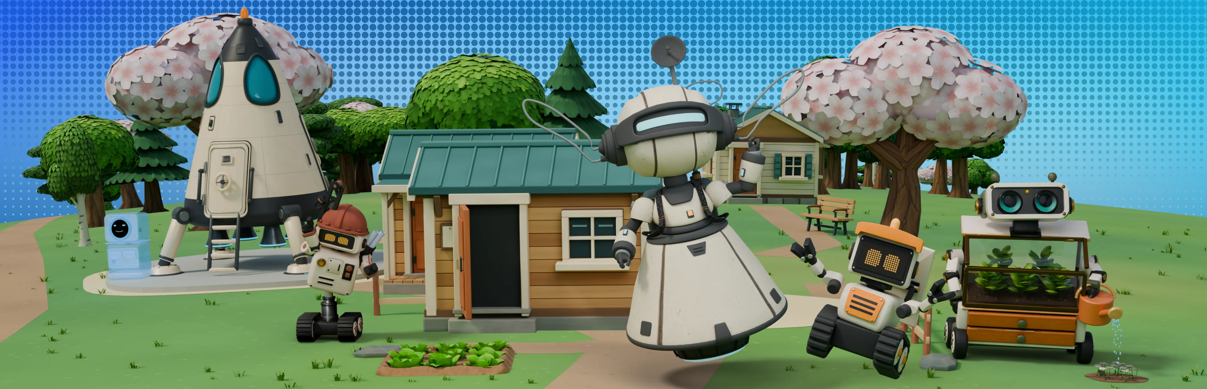 Robots, huts and a rocket under a blue halftone sky.