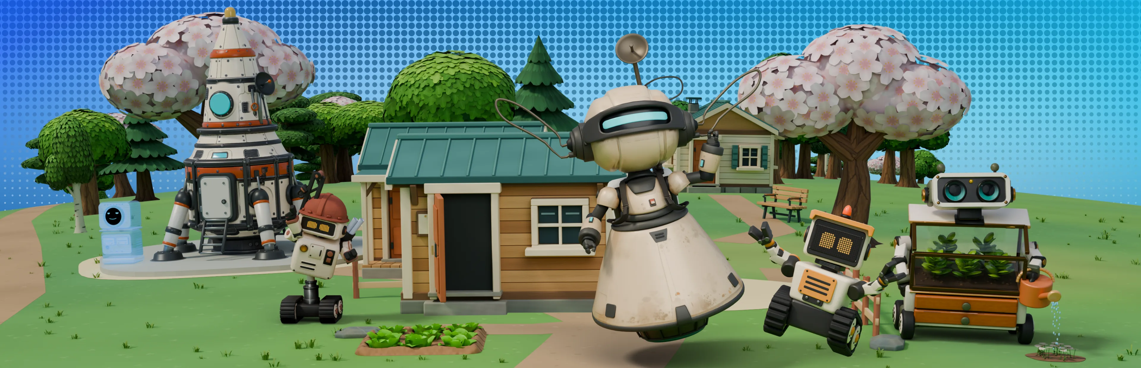 Robots, huts and a rocket under a blue halftone sky.
